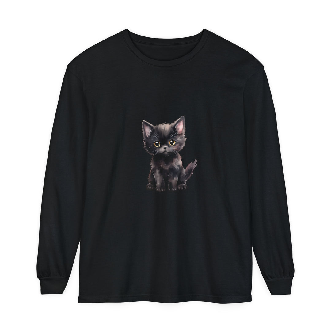 Adorable black kitten with mesmerizing yellow eyes on a long sleeve T-shirt