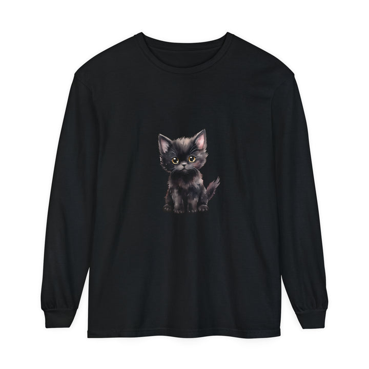 Adorable black kitten with mesmerizing yellow eyes on a long sleeve T-shirt