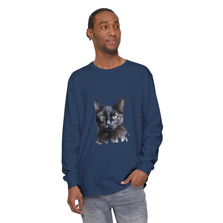 A watercolor painting of a mystical black cat featured on a long sleeve t-shirt