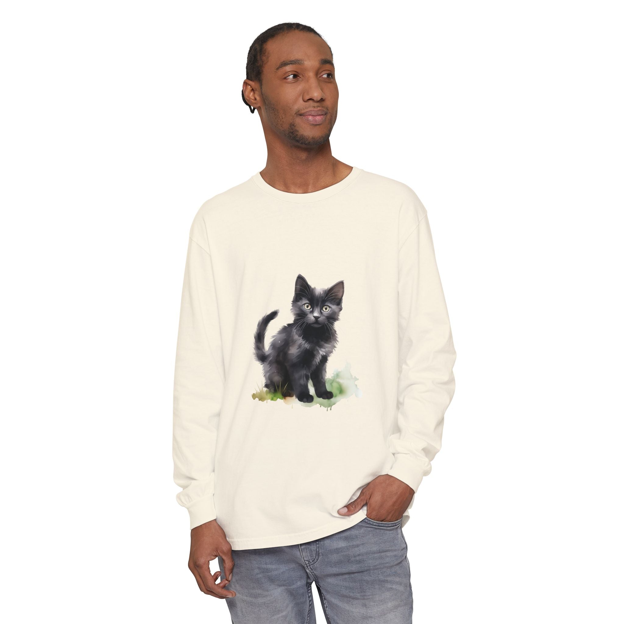 Maglietta a maniche lunghe con gatto nero e acquerello
