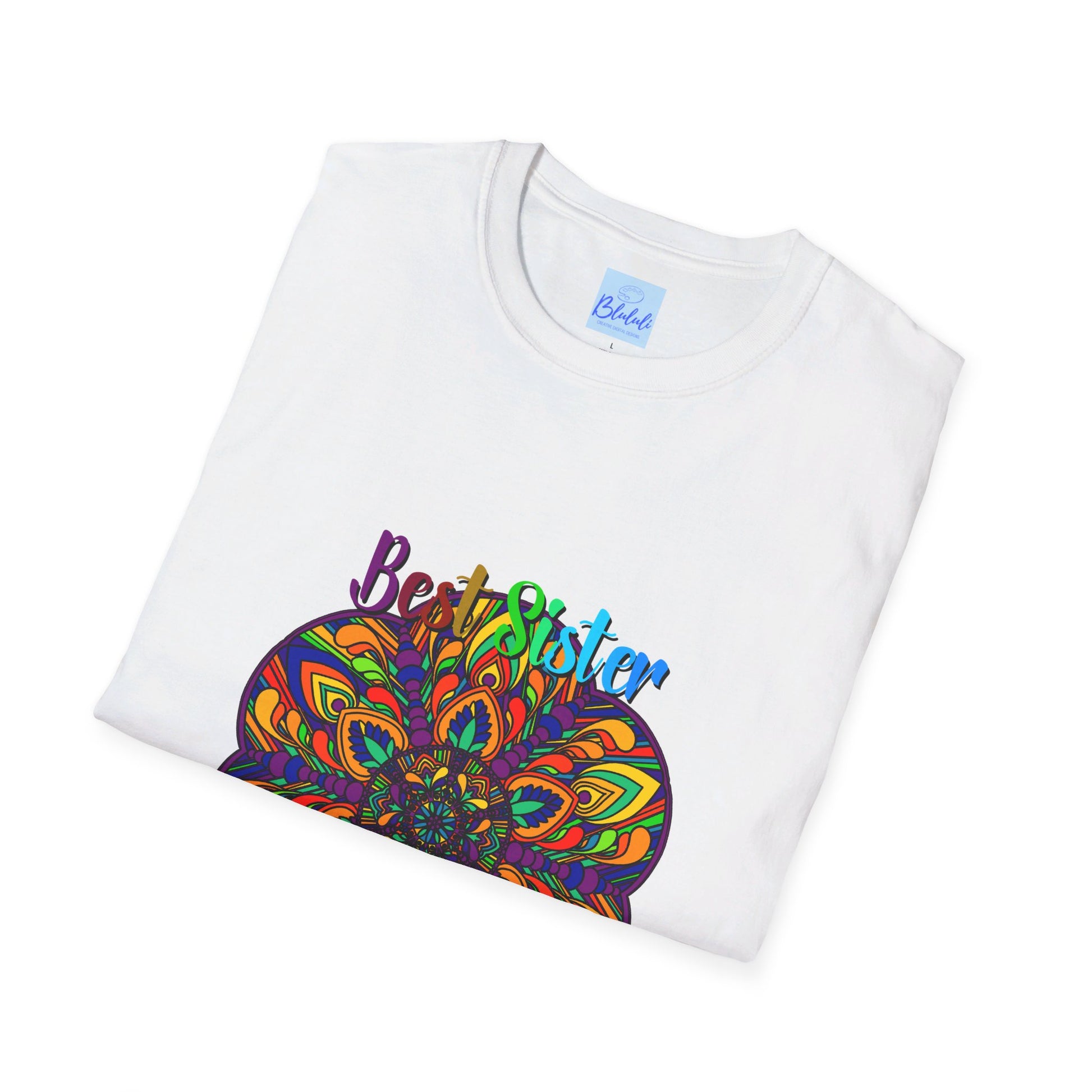 Softstyle unisex t-shirt with hand-drawn mandala art design, perfect gift for sister