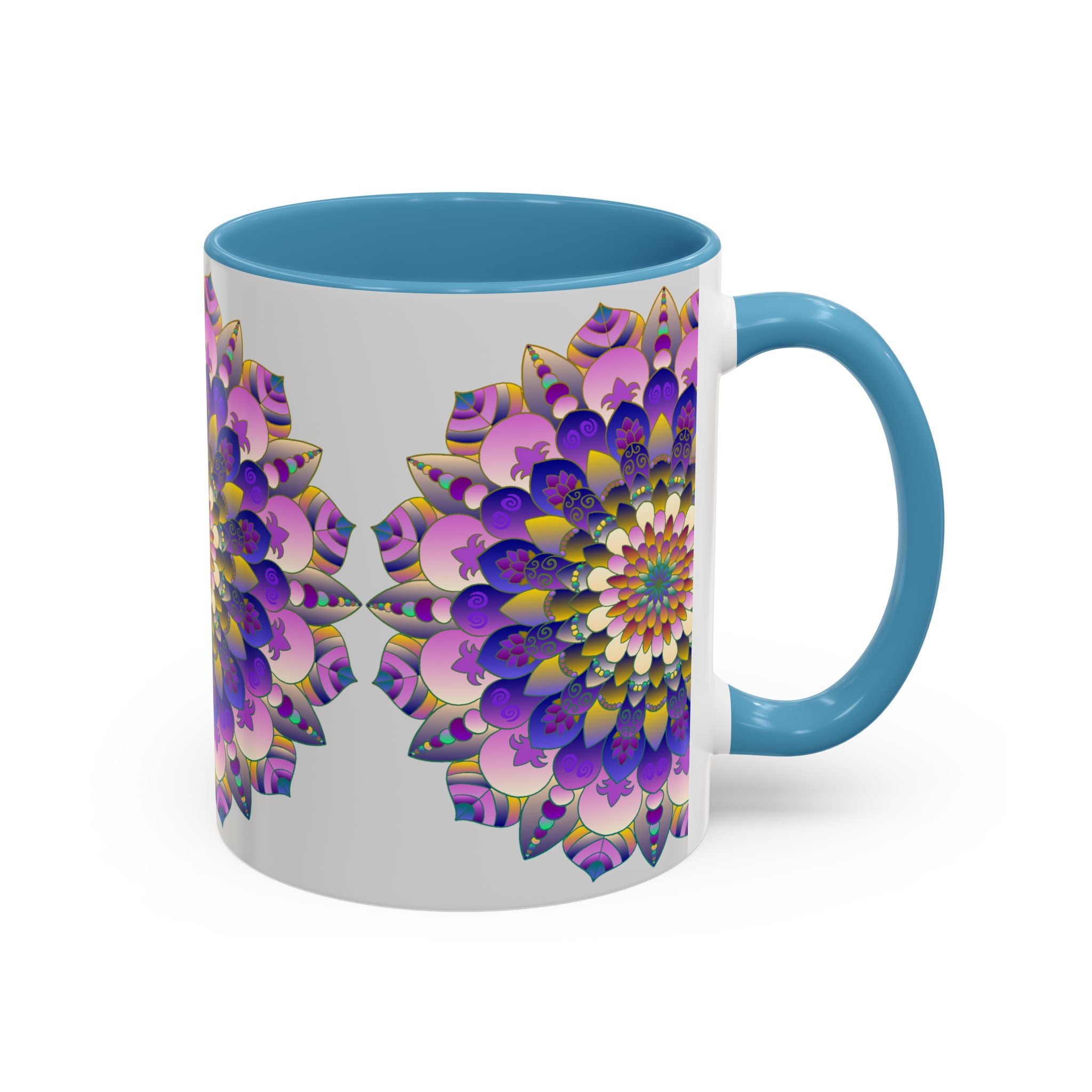 A beautiful mandala art mug with vibrant colors and intricate designs on a grey background