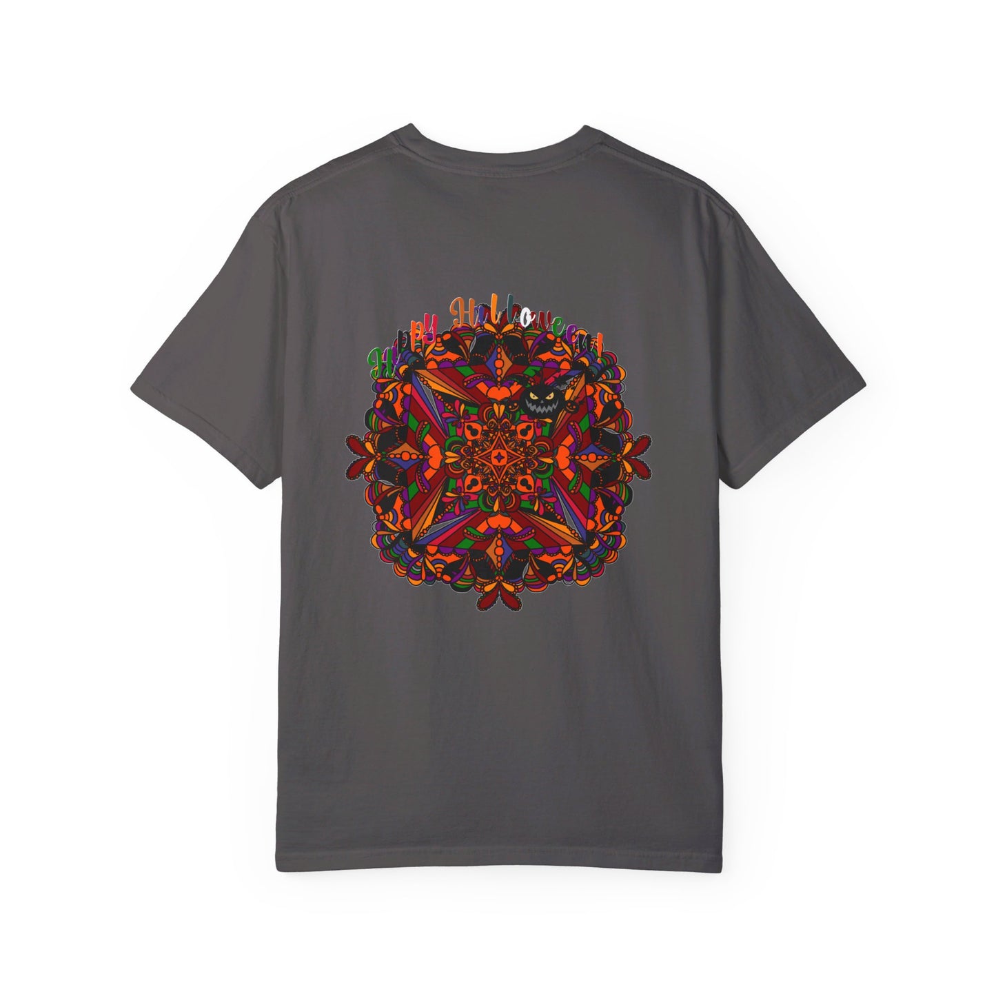 Handmade unisex Halloween Mandala T-shirt featuring intricately designed pumpkin mandala art, garment-dyed for a unique and vibrant look