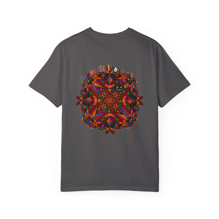 Handmade unisex Halloween Mandala T-shirt featuring intricately designed pumpkin mandala art, garment-dyed for a unique and vibrant look