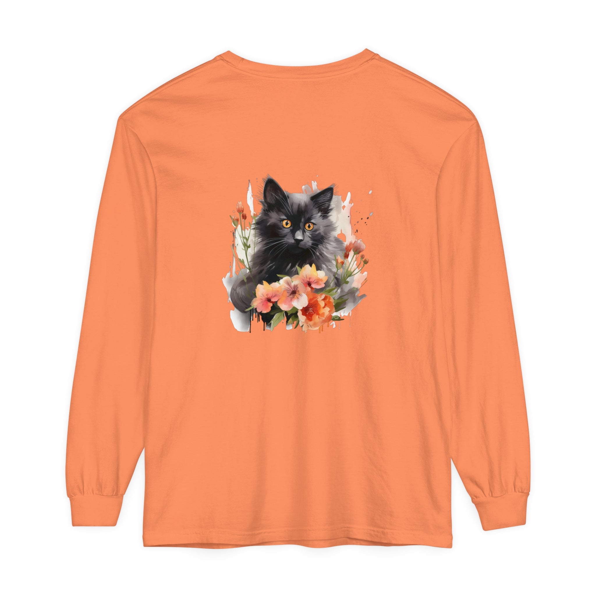 A colorful watercolor illustration of a black cat surrounded by vibrant flowers on a t-shirt