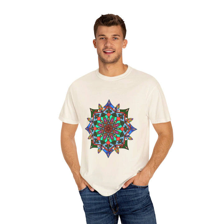 Unisex mandala t-shirt made from 100% ring-spun cotton, featuring hand-drawn mandala art and garment-dyed for extra comfort