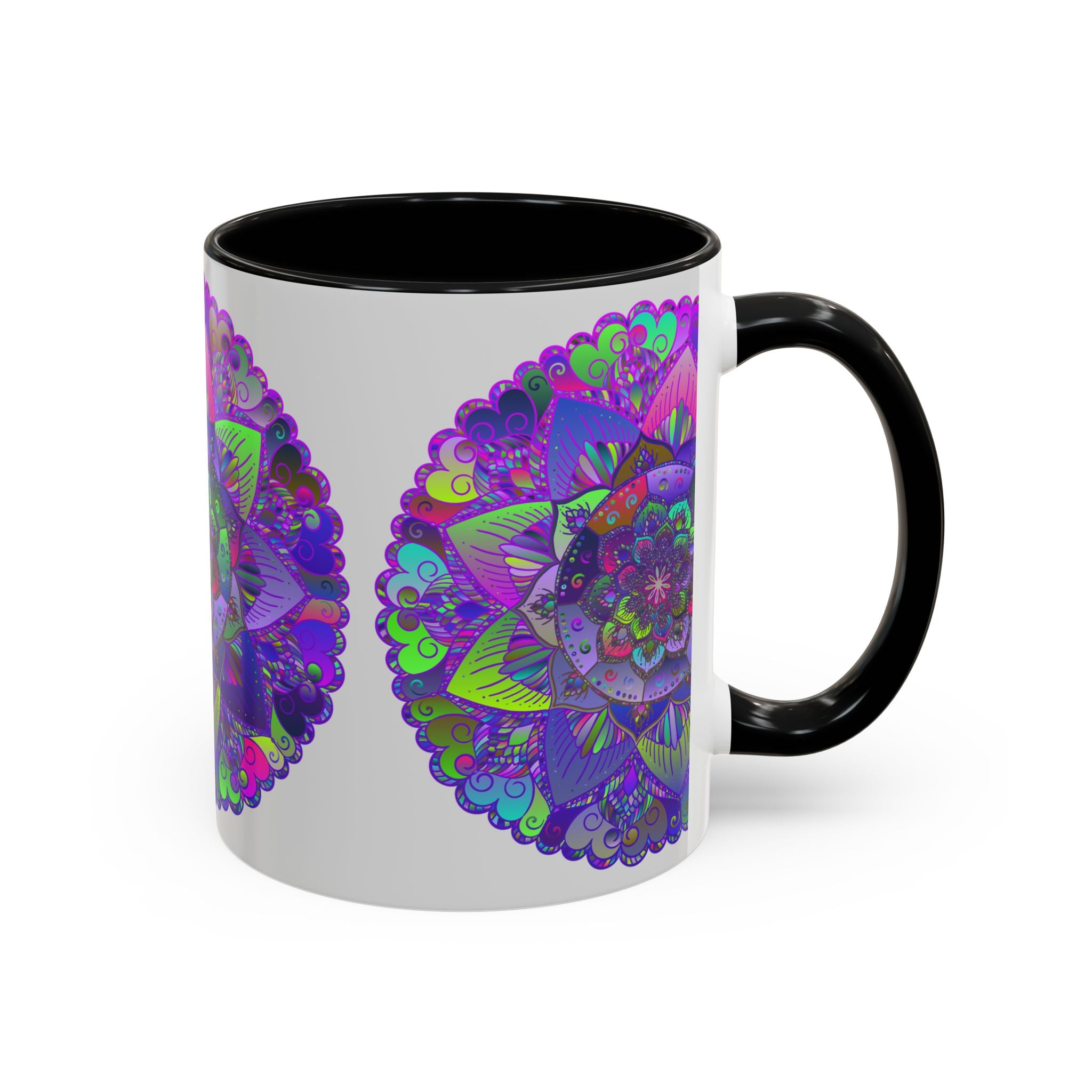 Light grey mug adorned with detailed mandala art pattern