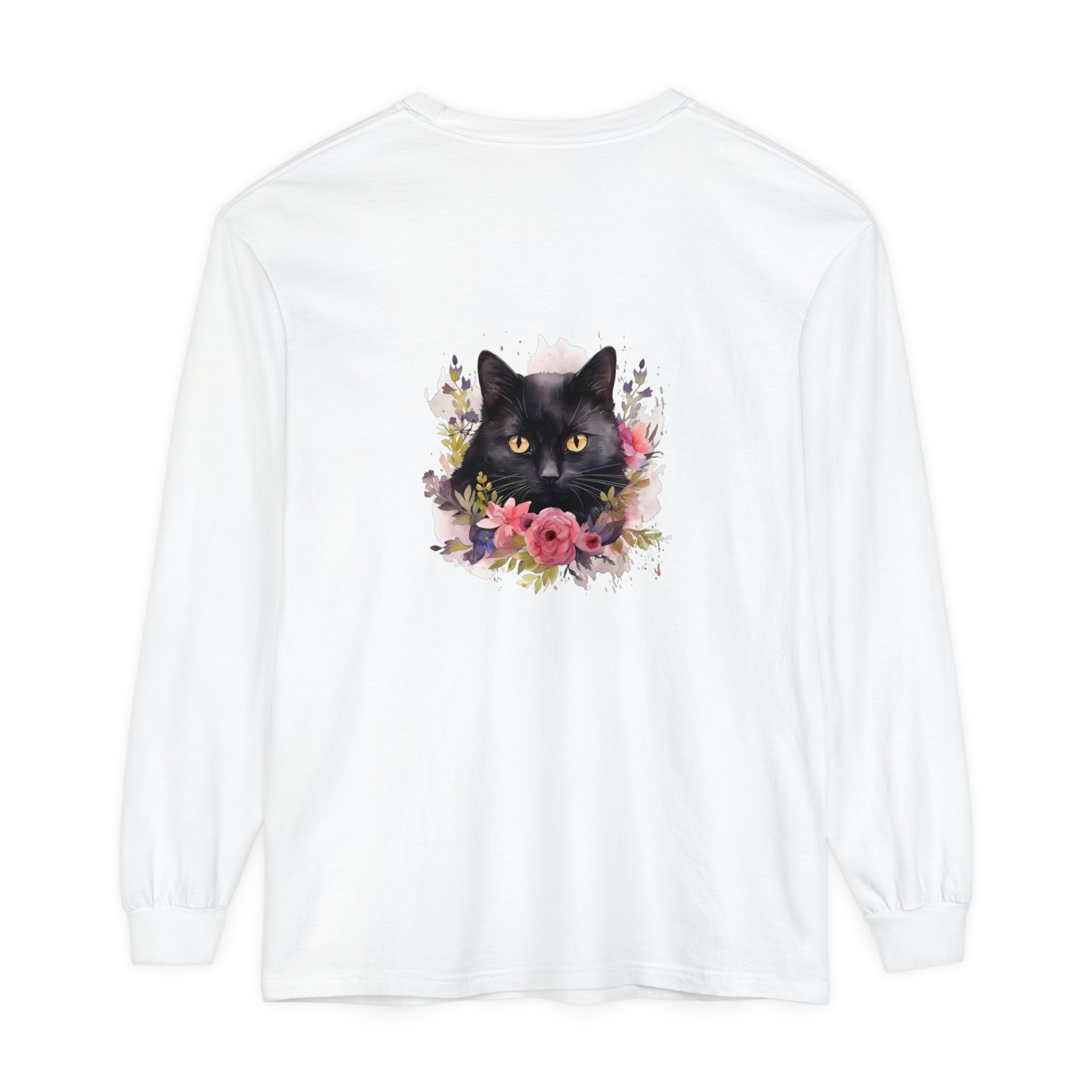 Black Cat Floral Watercolor Long Sleeve T-Shirt featuring a beautiful watercolor design of a black cat and flowers