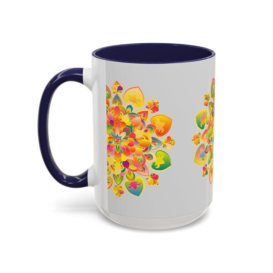 Handcrafted ceramic mug with beautiful mandala art and colorful flowers