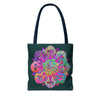 Colorful and detailed mandala design on dark green tote bag