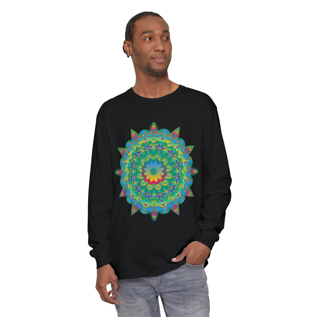 Vibrant and colorful long sleeve t-shirt featuring a psychedelic mandala design