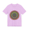 A vibrant and colorful intricate mandala meditation tee, perfect for relaxation