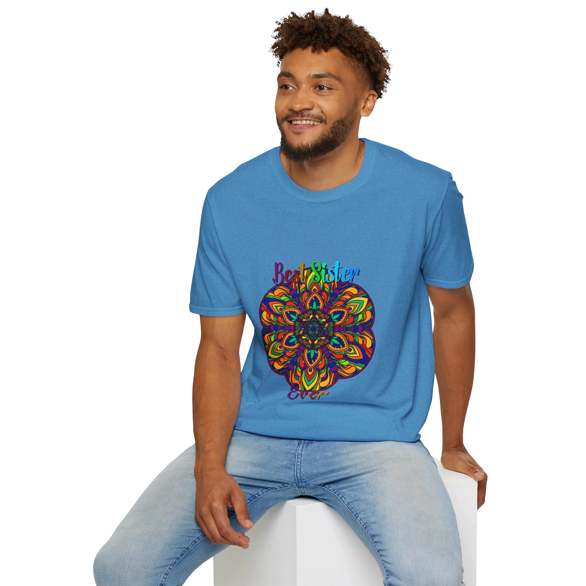 Beautiful unisex softstyle t-shirt with hand-drawn mandala art design, perfect as a thoughtful gift for your sister