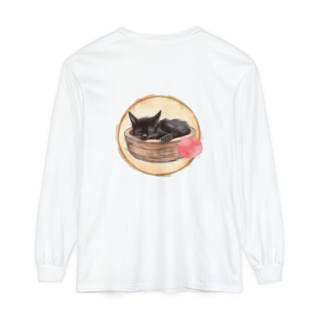 A watercolor illustration of a sleeping cat in a bowl on a long sleeve t-shirt