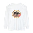 A watercolor illustration of a sleeping cat in a bowl on a long sleeve t-shirt