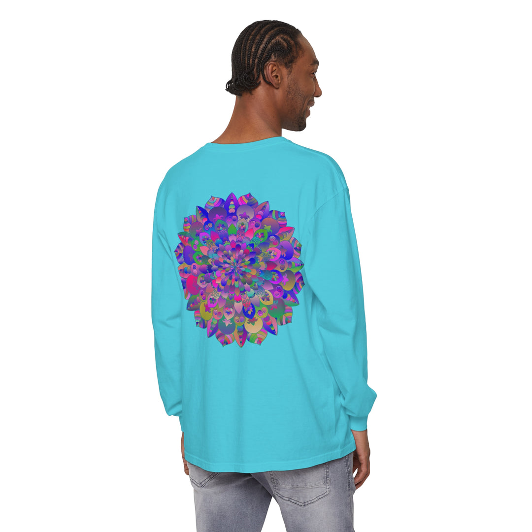 Colorful and intricate mandala design adorns this vibrant long sleeve t-shirt