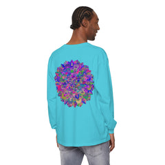 Colorful and intricate mandala design adorns this vibrant long sleeve t-shirt