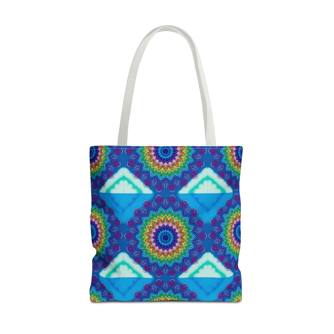 Vibrant and intricate mandala design tote bag in various bold colors