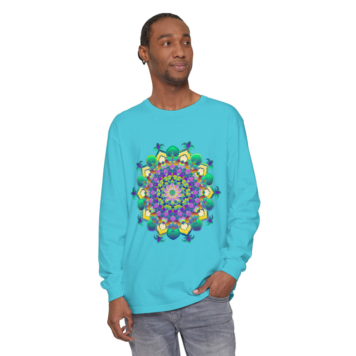 Beautiful long sleeve t-shirt featuring an intricate mandala design in vibrant colors