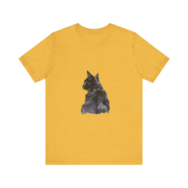 A close-up of a Mysterious Black Cat Watercolor Tee, featuring a beautifully detailed watercolor painting of a black cat with mesmerizing eyes, against a dark and moody background