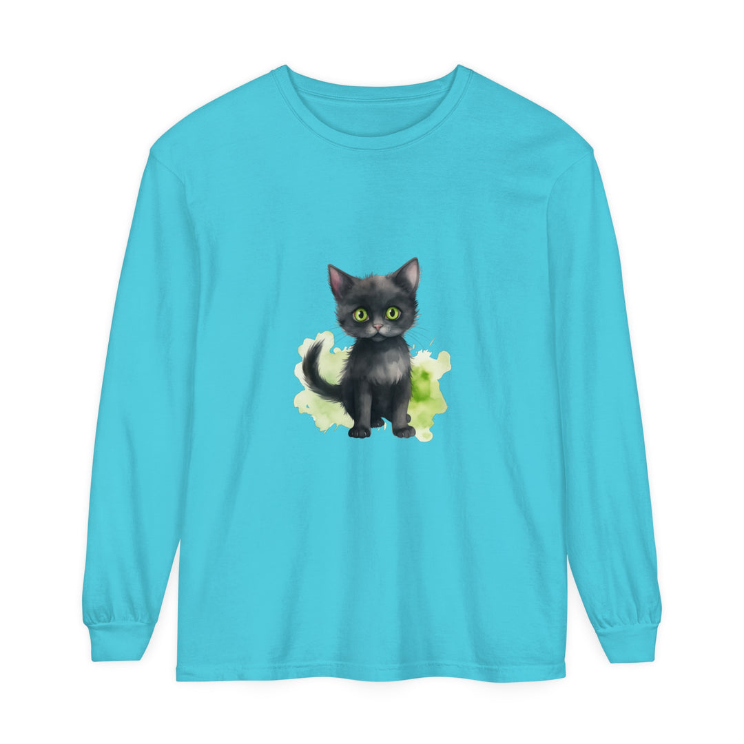 Black Cat Watercolor Long Sleeve T-Shirt featuring a realistic watercolor black cat design