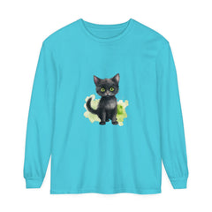 Black Cat Watercolor Long Sleeve T-Shirt featuring a realistic watercolor black cat design