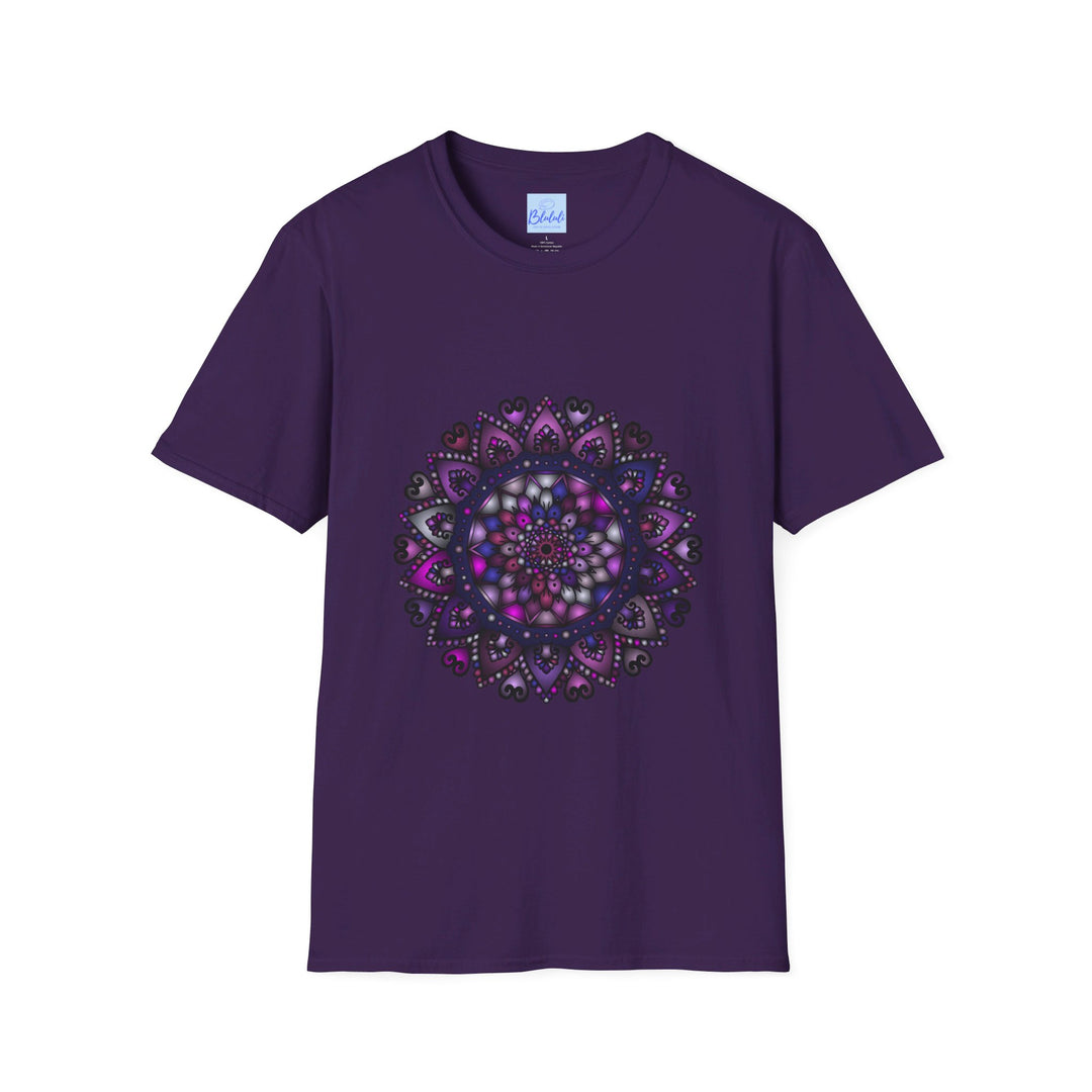 Soft purple unisex t-shirt featuring a hand-drawn mandala art design