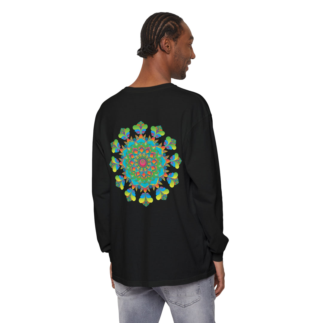 Close-up image of a vibrant and colorful tie-dye long sleeve t-shirt with a psychedelic mandala pattern