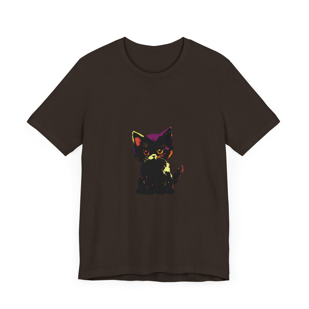 A black cat with neon eyes and a mysterious vibe on a T-shirt