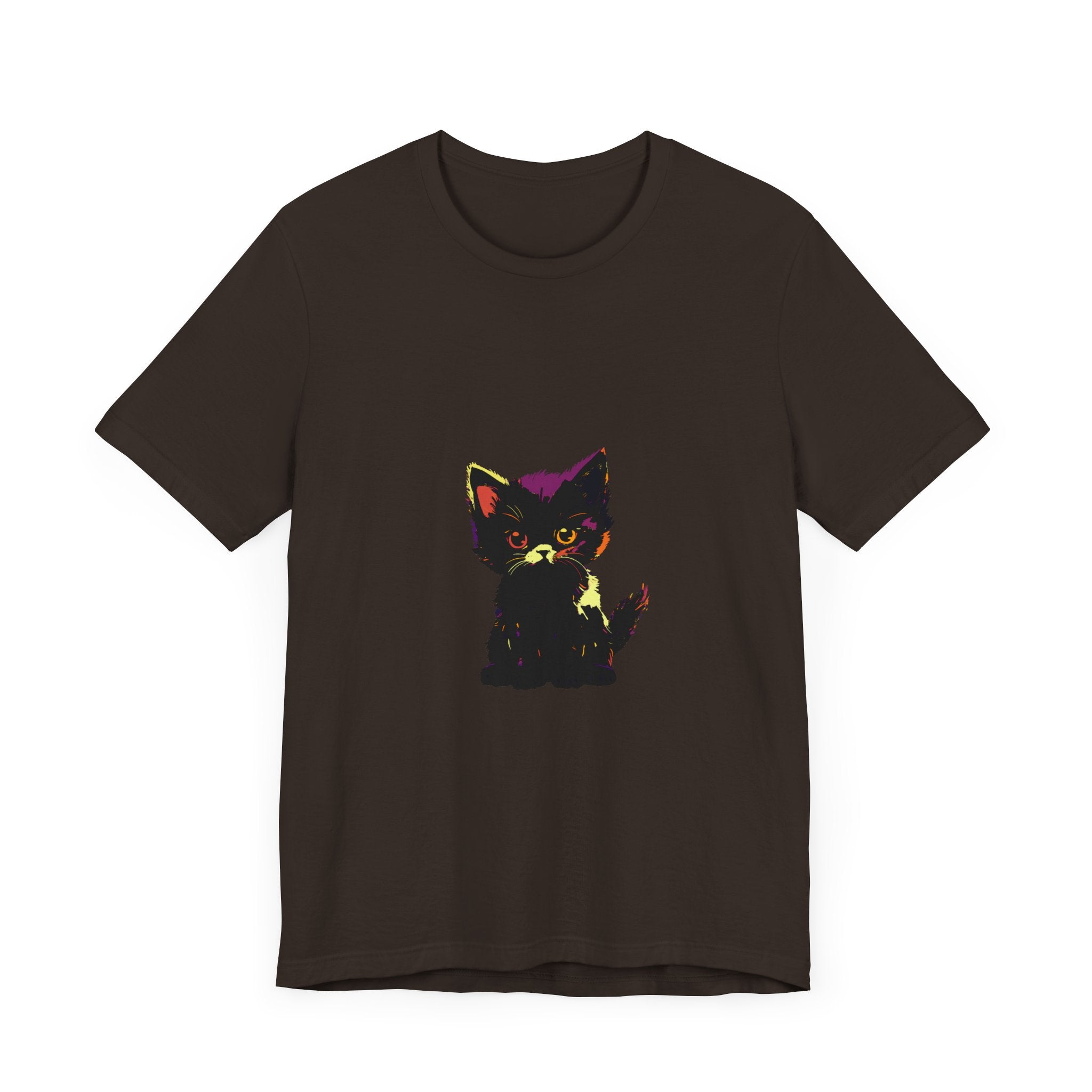 A black cat with neon eyes and a mysterious vibe on a T-shirt