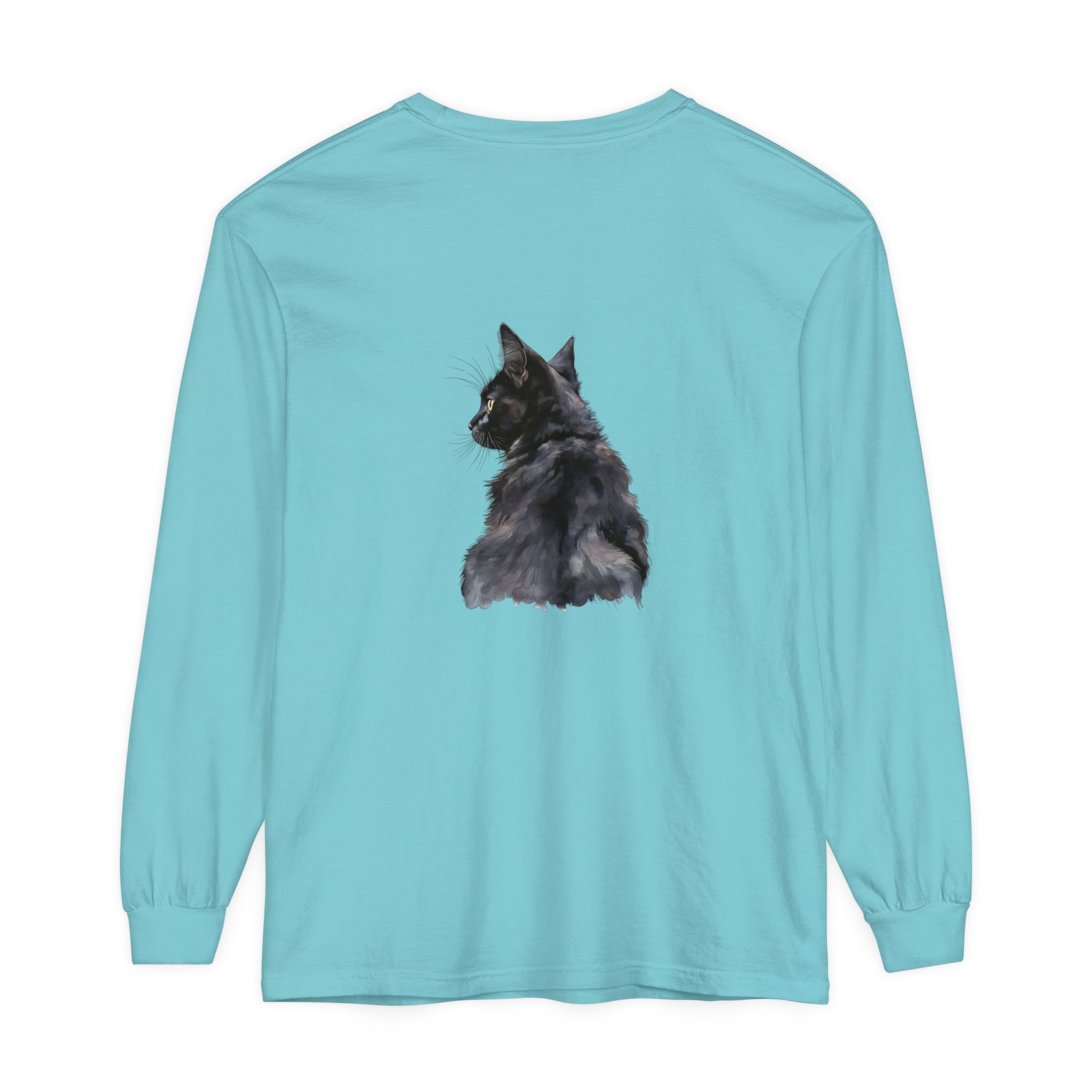 Black Cat Watercolor Long Sleeve T-Shirt with Vibrant Watercolor Design