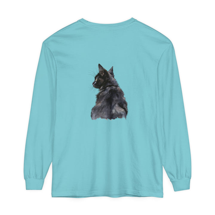 Black Cat Watercolor Long Sleeve T-Shirt with Vibrant Watercolor Design