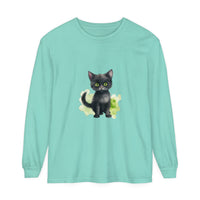 Black Cat Watercolor Long Sleeve T-Shirt featuring a realistic watercolor design of a black cat on a long sleeve shirt