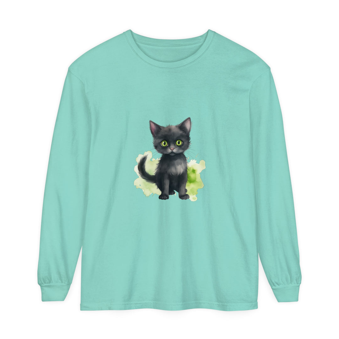 Black Cat Watercolor Long Sleeve T-Shirt featuring a realistic watercolor design of a black cat on a long sleeve shirt