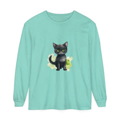 Black Cat Watercolor Long Sleeve T-Shirt featuring a realistic watercolor design of a black cat on a long sleeve shirt