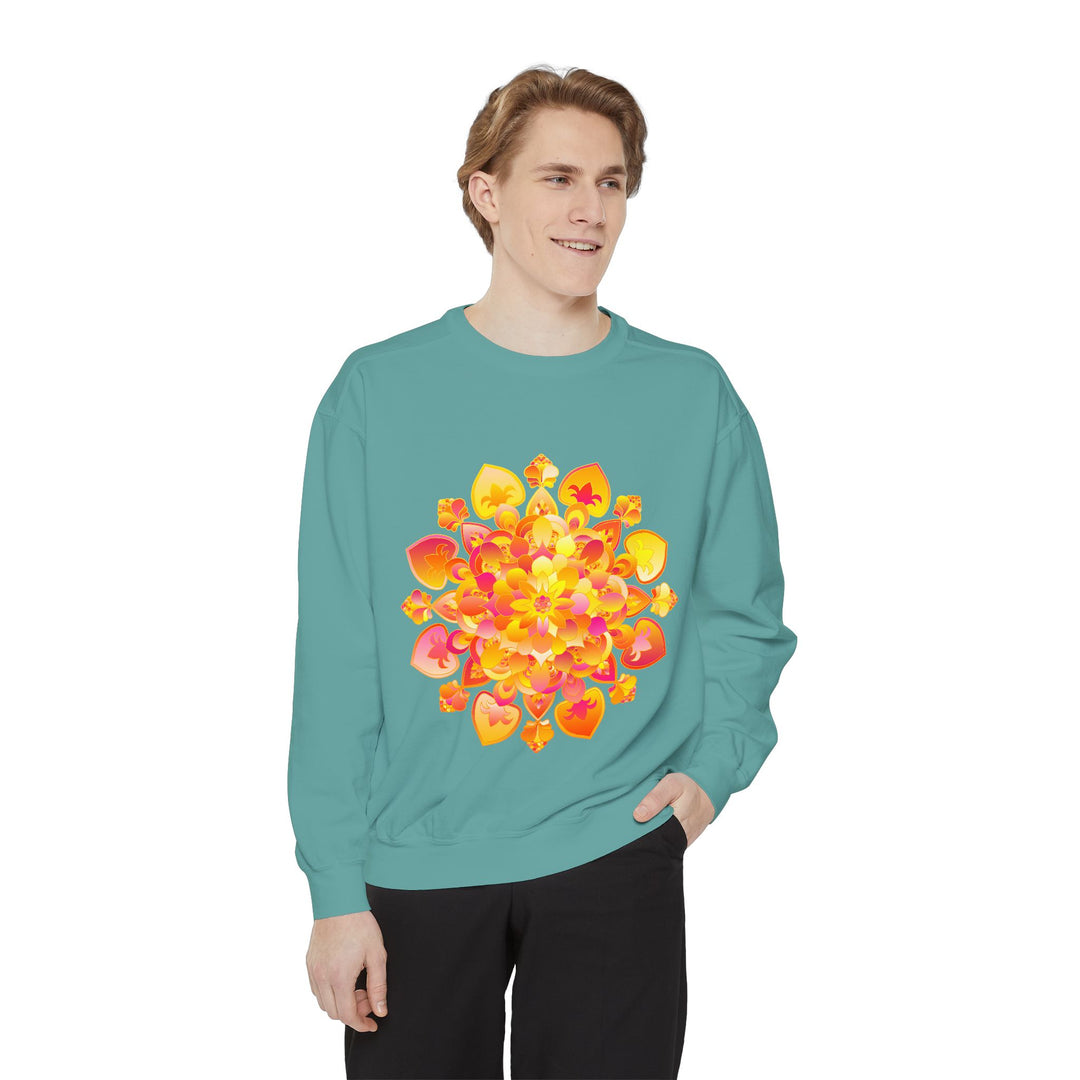 Colorful mandala sweatshirt with intricate design for yoga and meditation enthusiasts promoting peace and serenity