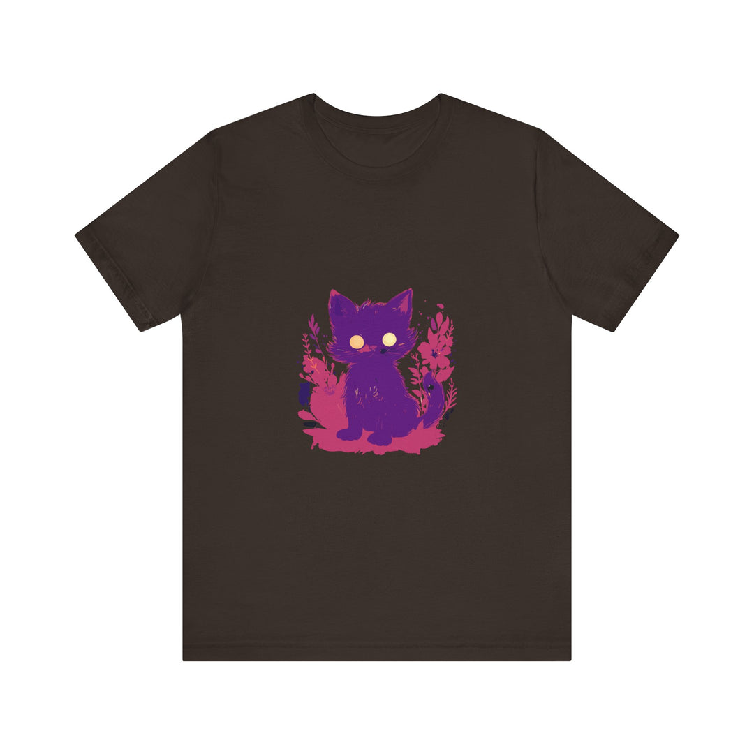 Adorable purple mystery cat t-shirt with whimsical design for cat lovers