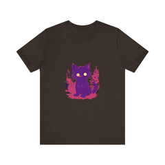 Adorable purple mystery cat t-shirt with whimsical design for cat lovers