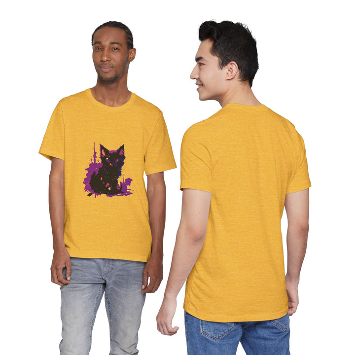 Schwarzes Katzenrätsel – Lila Farbspritzer-T-Shirt