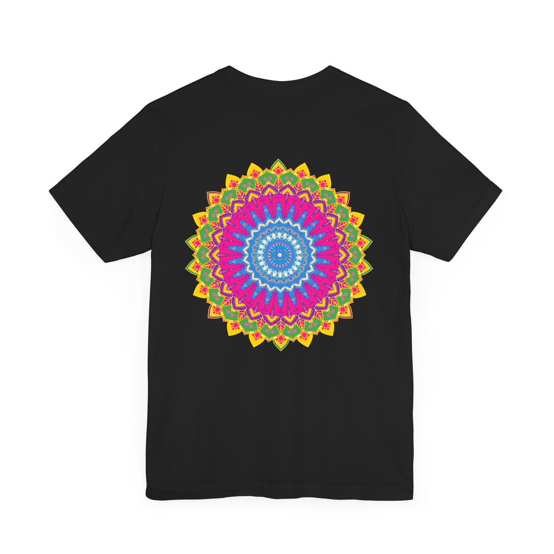 Colorful and intricate mandala design on a t-shirt promoting spiritual peace and vibrant energy