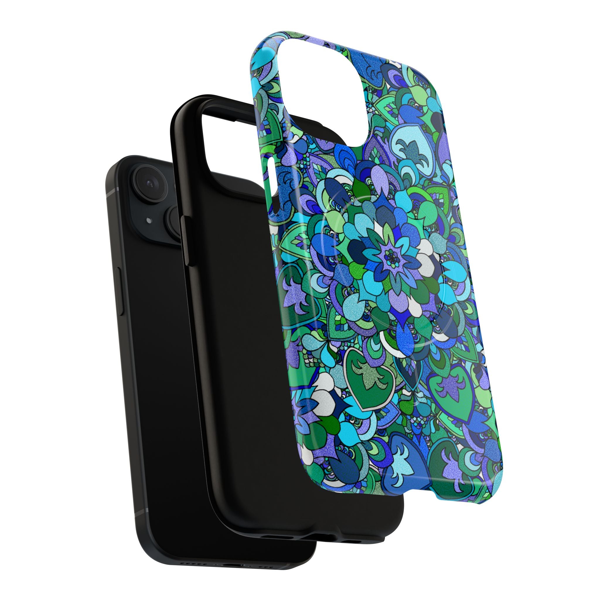 Cover Rigida Magnetica per Telefono con Mandala Floreale — Motivo Blu Verde