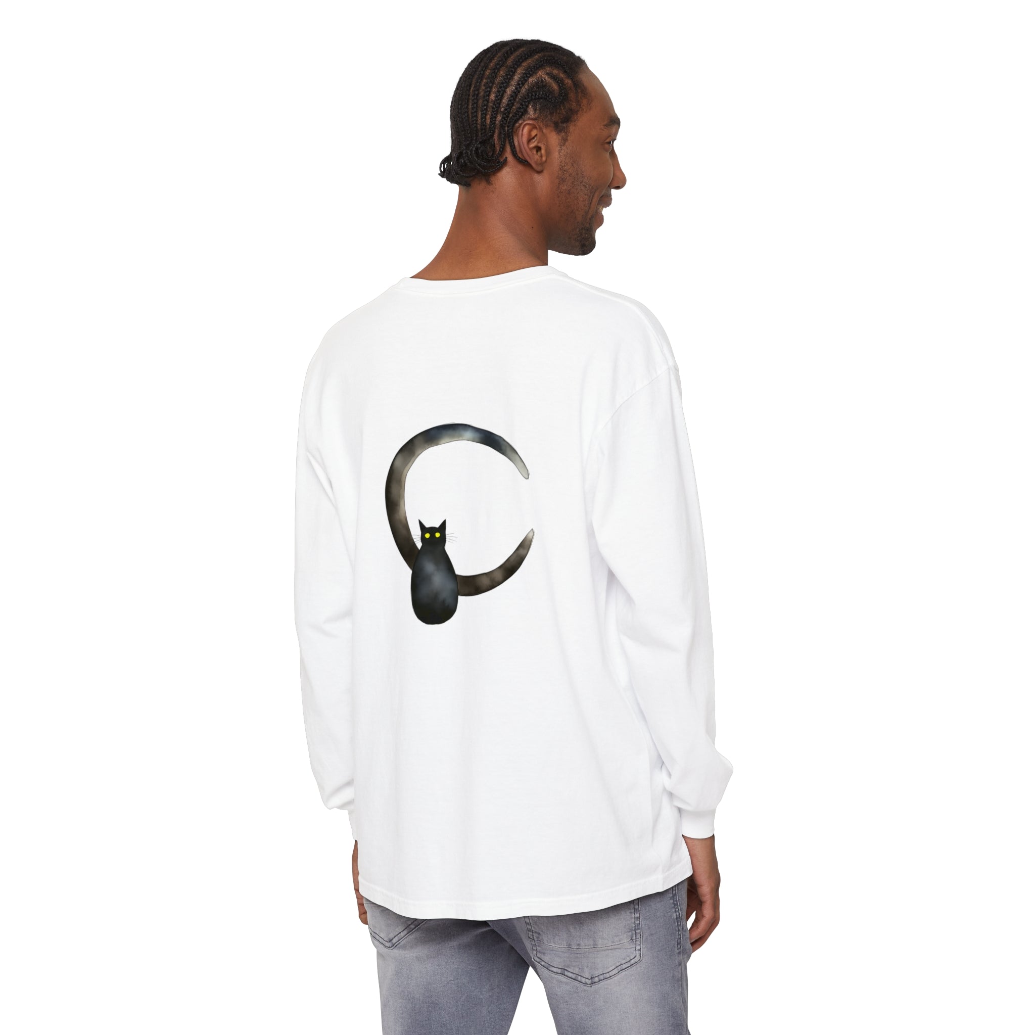 Black Cat Crescent Moon T-shirt featuring a striking black cat silhouette against a shimmering crescent moon on a soft, comfortable black t-shirt