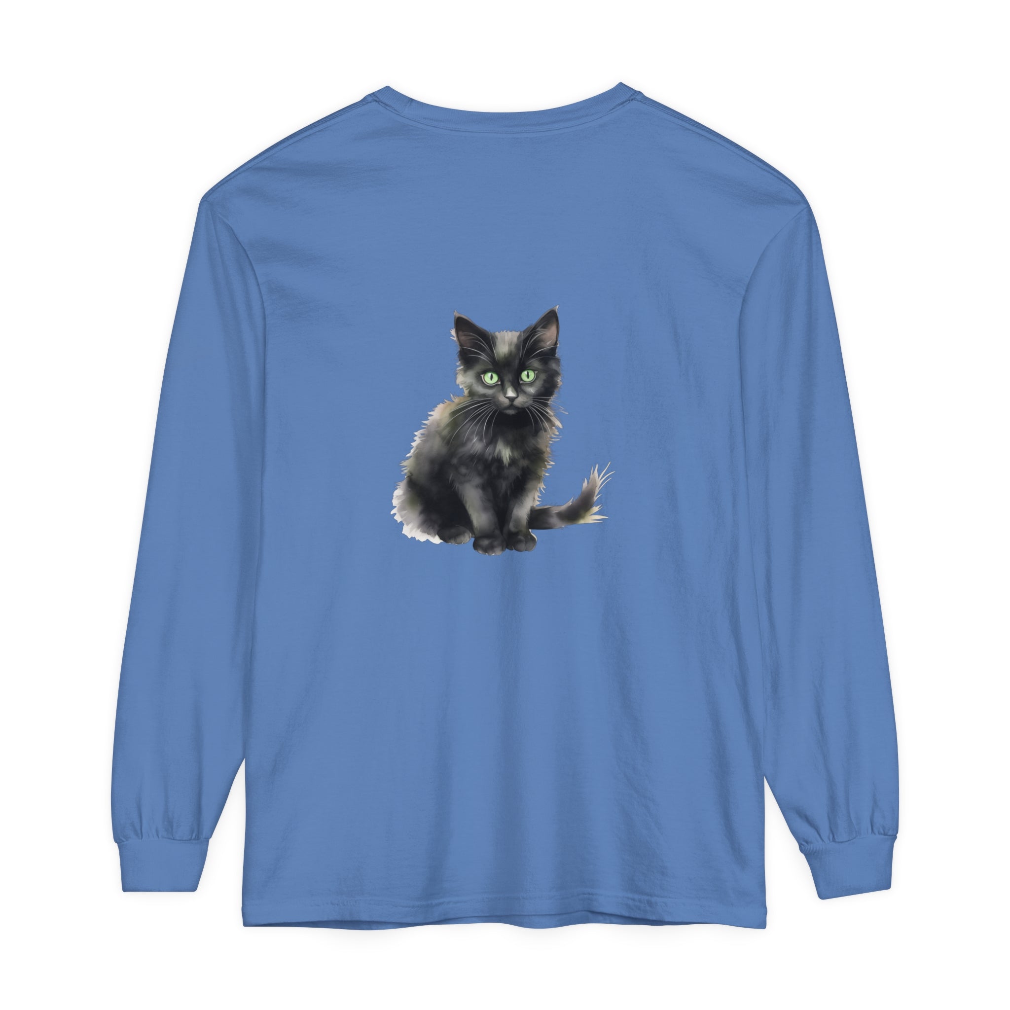 Black Cat Watercolor T-Shirt with Bright Green Eyes on a White Background