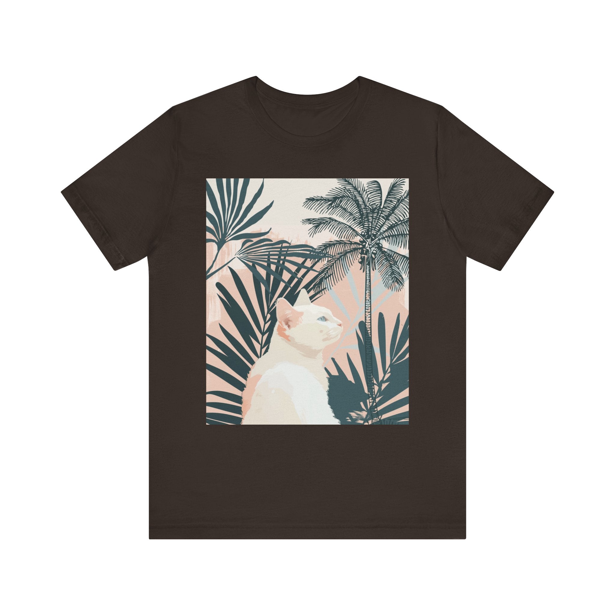 Fashionable cat tee with a tropical vibe and palm leaves