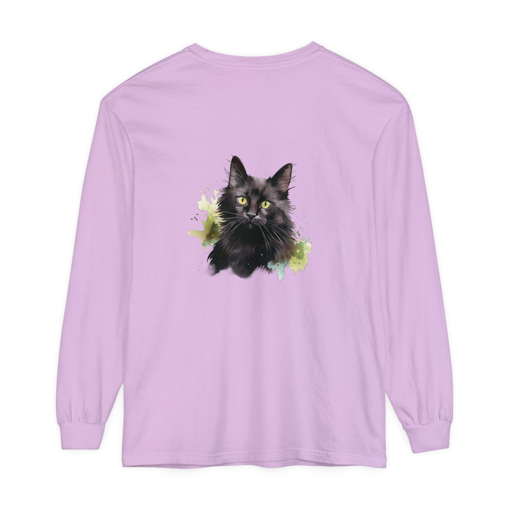 Black Cat Watercolor Splash Long Sleeve T-Shirt with vibrant feline design