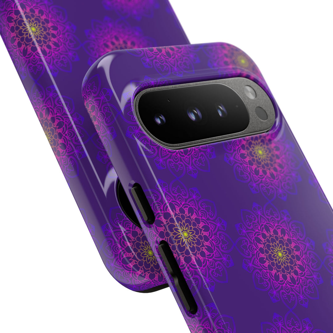 Intricate Purple Floral iPhone Case with Bold Mandala Design