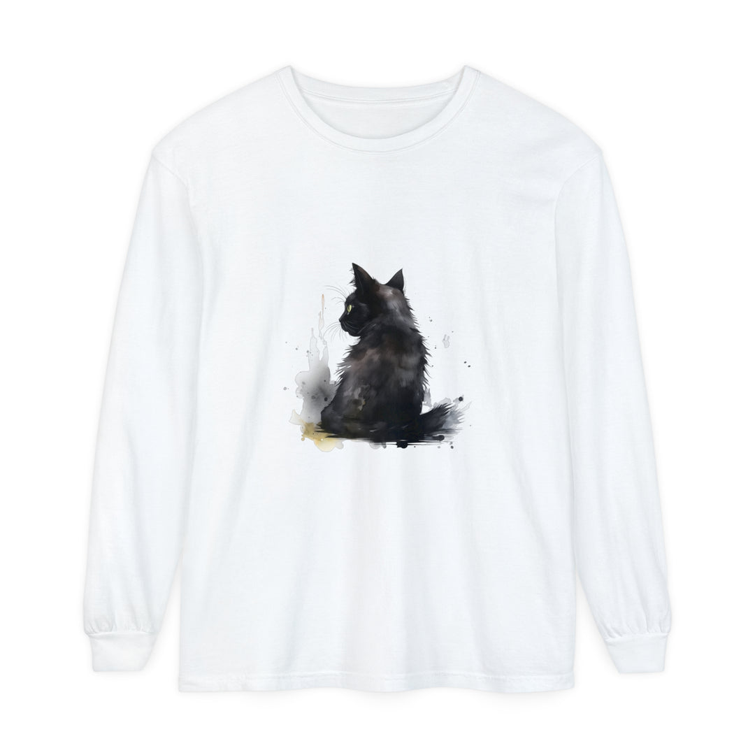 Black Cat Watercolor Dream long sleeve t-shirt featuring a whimsical watercolor design of a black cat resting on a dreamy background