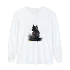 Black Cat Watercolor Dream long sleeve t-shirt featuring a whimsical watercolor design of a black cat resting on a dreamy background