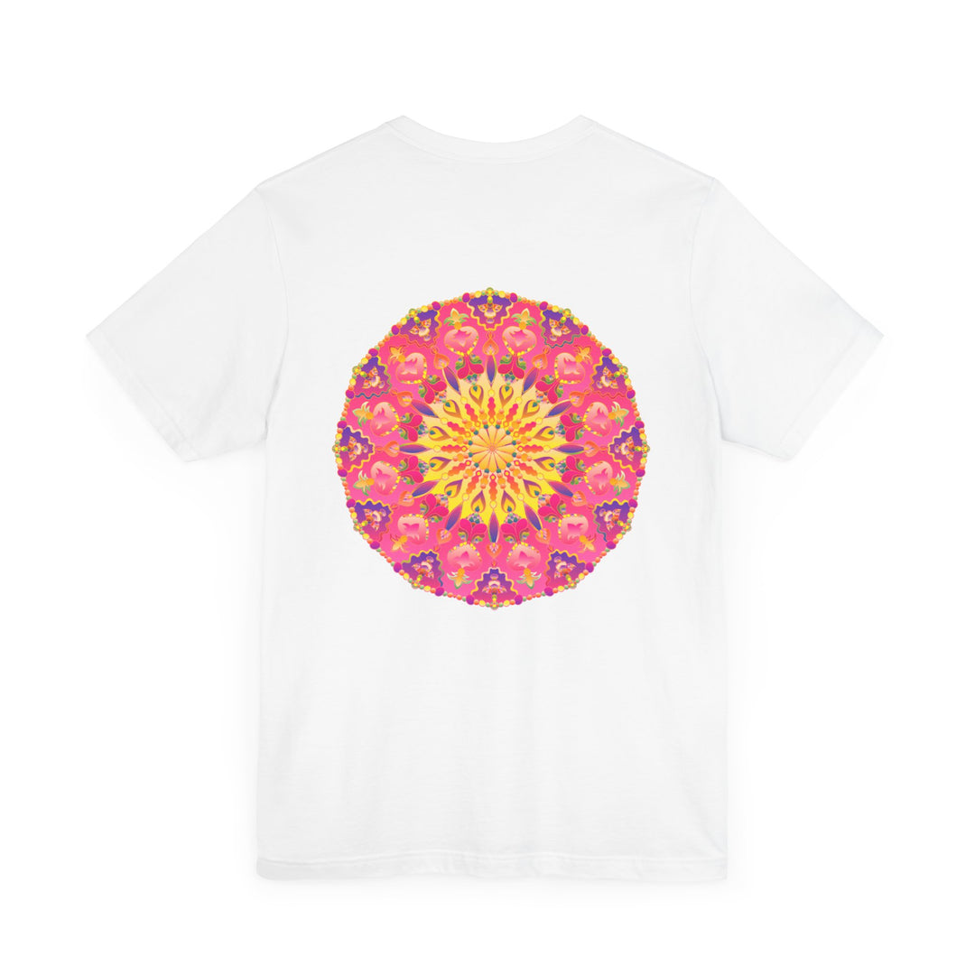 Beautiful pink and yellow mandala t-shirt featuring a peaceful and harmonious design