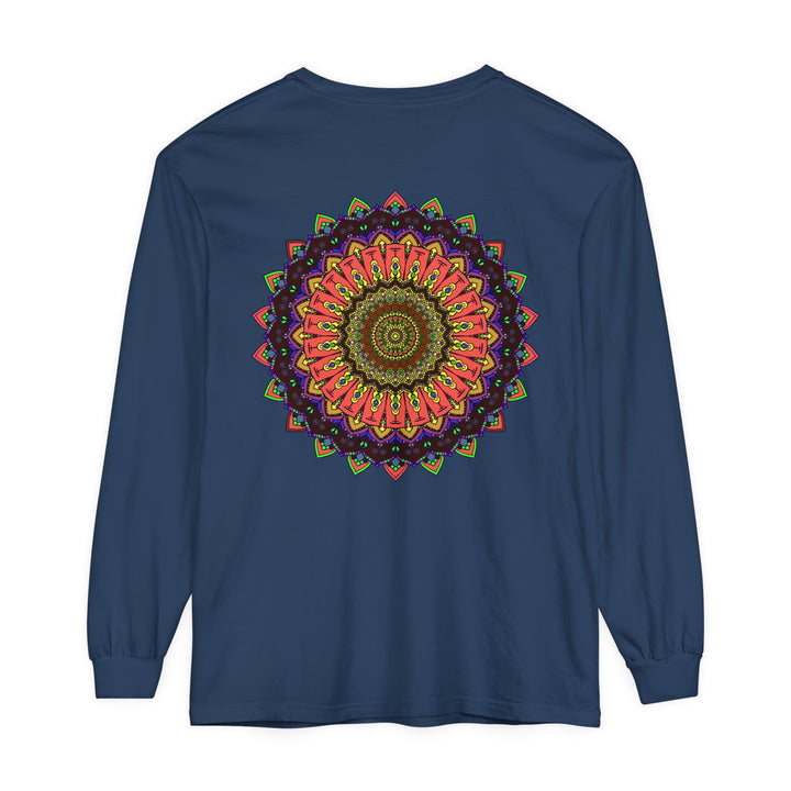 Vibrant and detailed long sleeve t-shirt with intricate mandala design in multiple colors